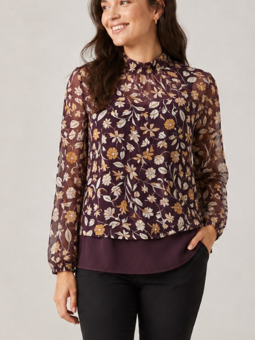 NWT Ann Taylor Plum Floral Sheer Layered Blouse
